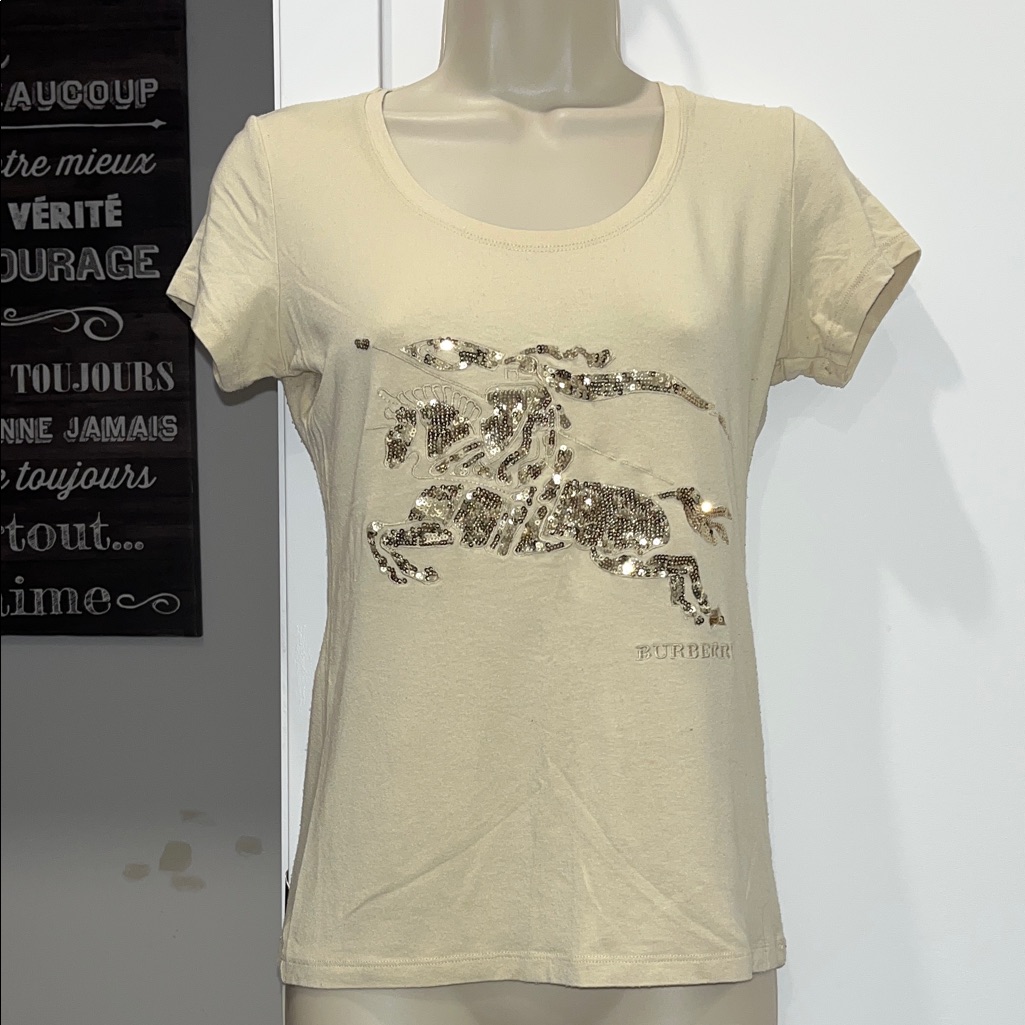 Burberry Beige Sequin Emblem Short Sleeve Tee Shinning Brillant Horse Logo Flag